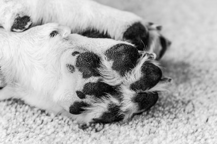 Patas de un perro con sus huellas