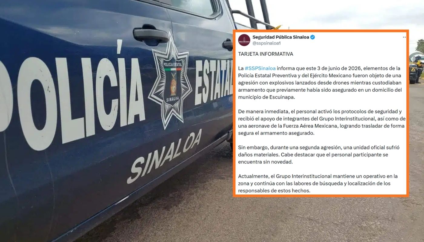 Unidad de la Policía Estatal junto a un tweet