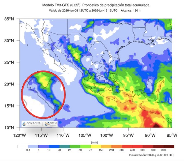 Imagen satelital de México que representa lluvias con colores verdes y azules que indica pronóstico de precipitaciones