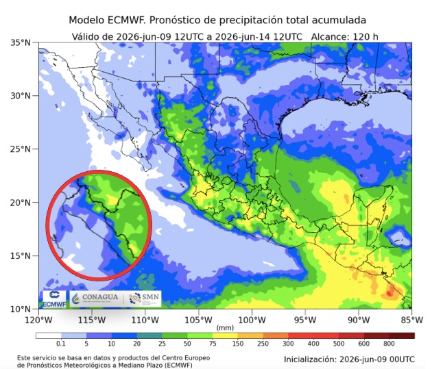Imagen satelital de México que representa lluvias con colores verdes y azules que indica pronóstico de precipitaciones
