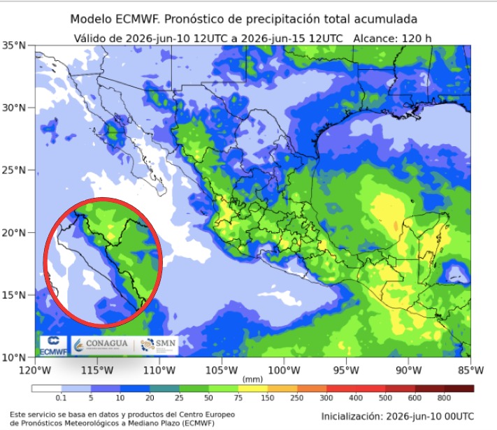 Imagen satelital de México que representa lluvias con colores verdes y azules que indica pronóstico de precipitaciones