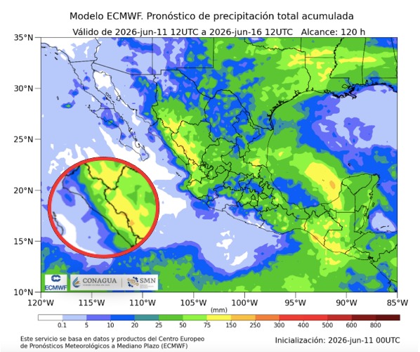 Imagen satelital de México que representa lluvias con colores verdes y azules que indica pronóstico de precipitaciones