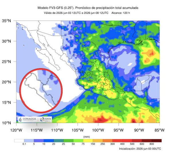 Imagen satelital de México que representa lluvias con colores verdes y azules que indica pronóstico bajo de precipitaciones