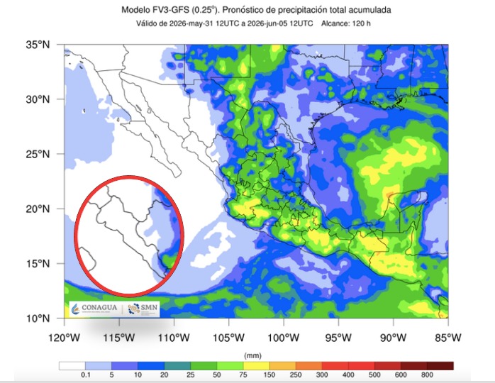Imagen satelital de México que representa lluvias con colores verdes y azules que indica pronóstico de precipitaciones