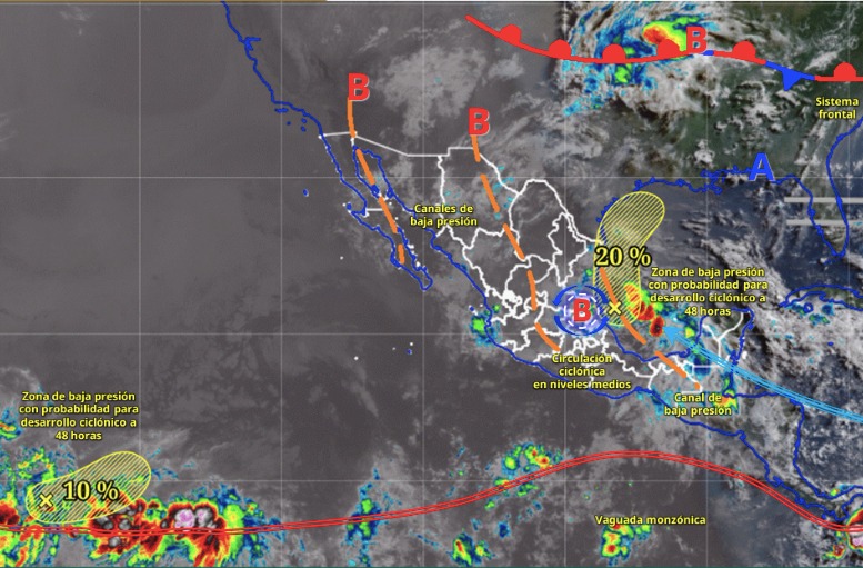 Mapa de México con nubes y líneas de colores