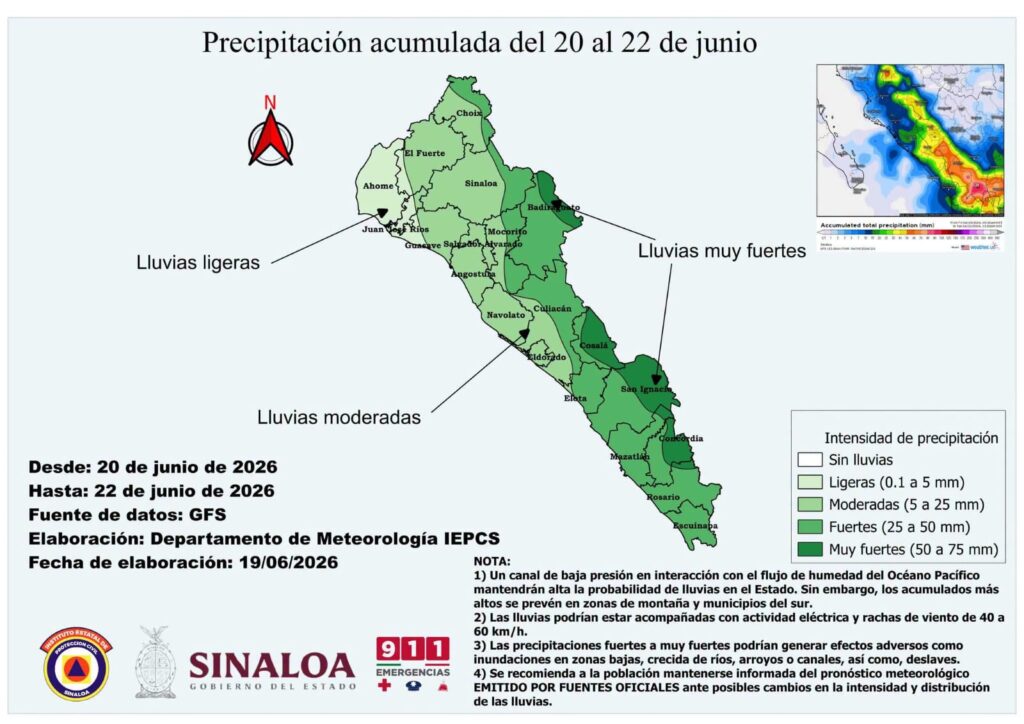 Pronóstico de Protección Civil en Sinaloa.