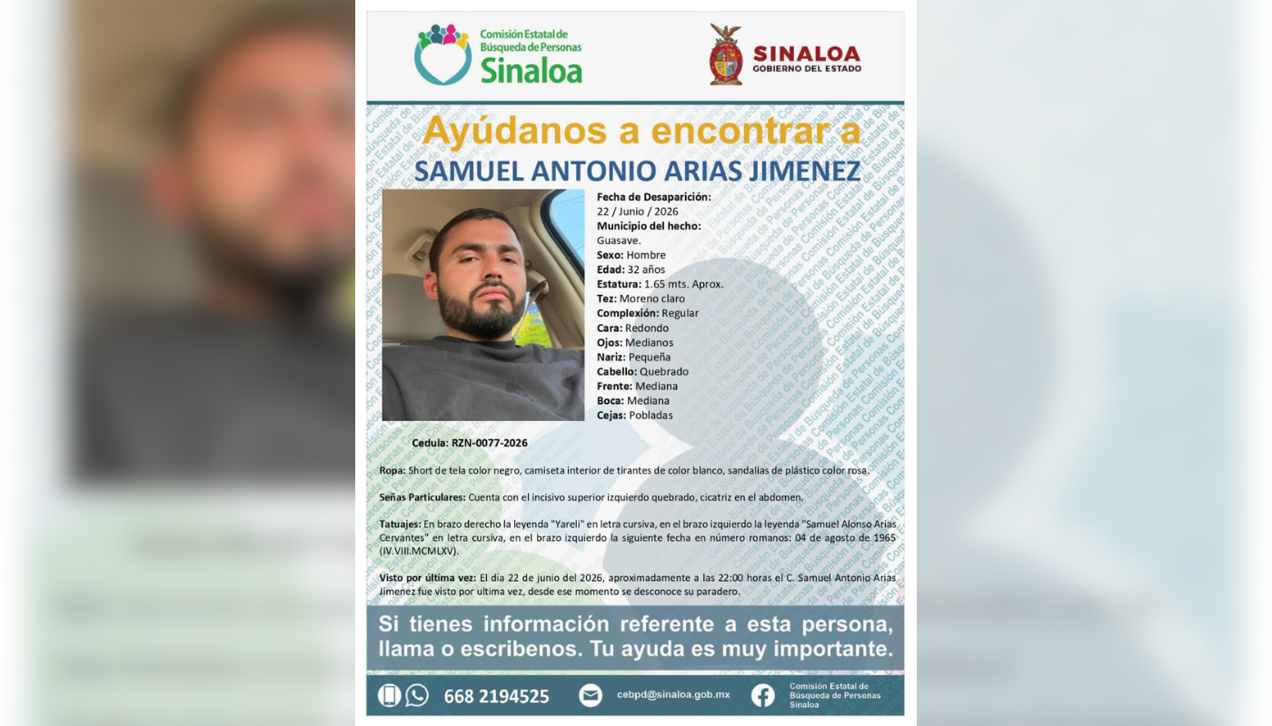 Ficha de búsqueda de Samuel Antonio Arias Jiménez.