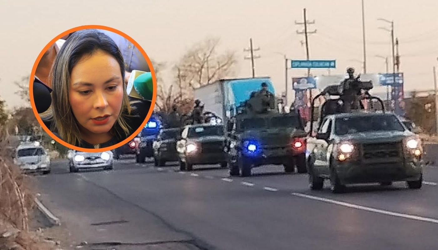 Camionetas del ejército en la carretera junto a un circulo con la gobernadora de Sinaloa