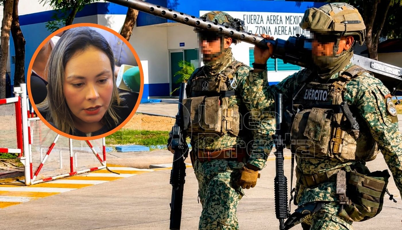 Dos elementos del ejército mexicano junto a un circulo con la gobernadora de Sinaloa
