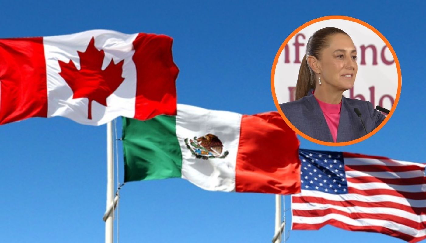Claudia Sheinbaum en un circulo junto a las banderas de Canadá, México y Estados Unidos