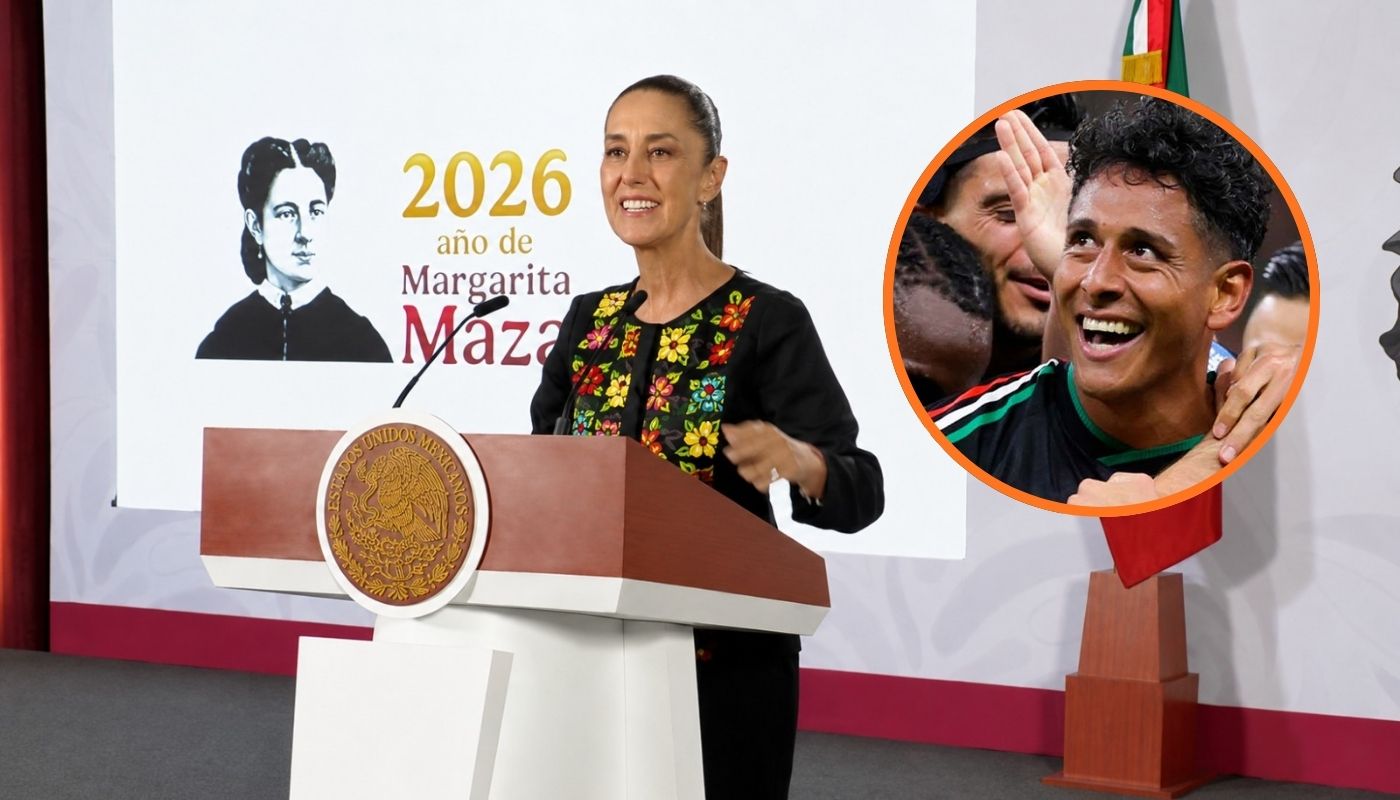 Claudia Sheinbaum durante una mañanera y en un círculo, Luis Romo, mochitense seleccionado nacional durante el Mundial 2026