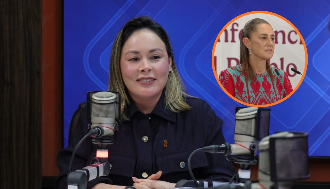 Yeraldine Bonilla con fondo azul junto a un circulo con Claudia Sheinbaum