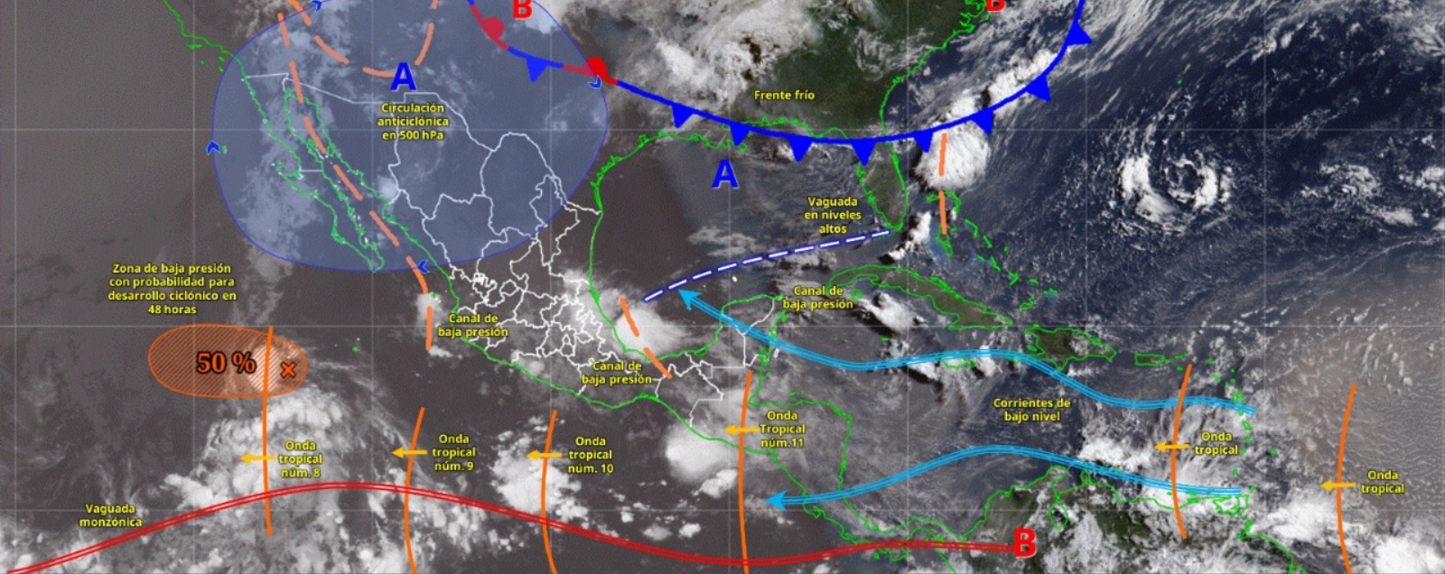 Imagen satelital de México indicando los sistemas meteorológicos activos con líneas y flechas