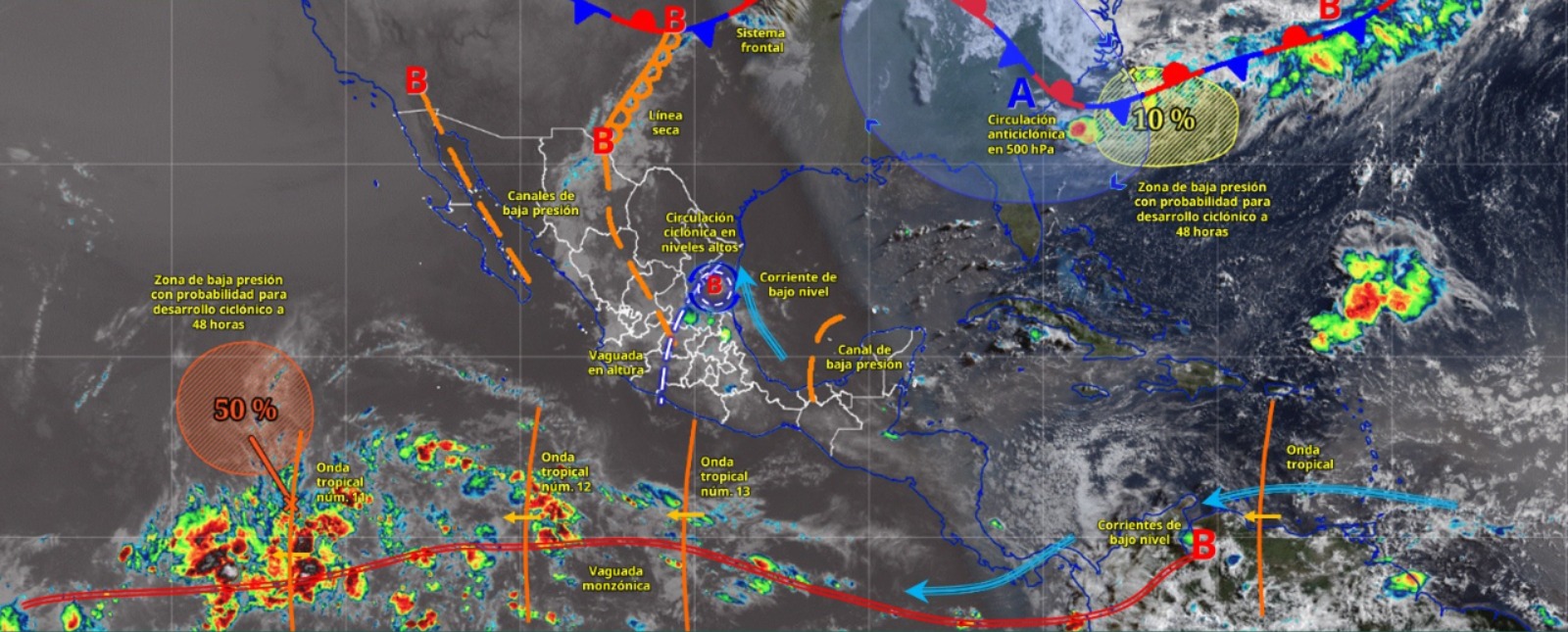 Imagen satelital de México indicando los sistemas meteorológicos activos con líneas y flechas