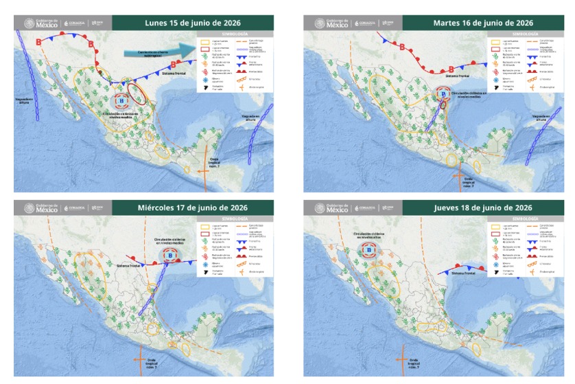 Imagen satelital de México que representa la probabilidad de tormentas con flechas y líneas