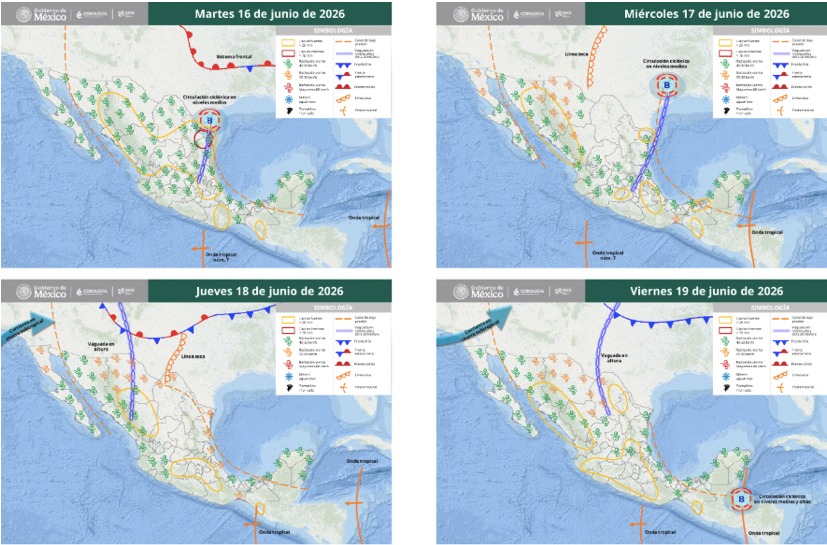 Mapas de México con flechas, líneas e íconos de viento indicando la probabilidad de tormentas en el país