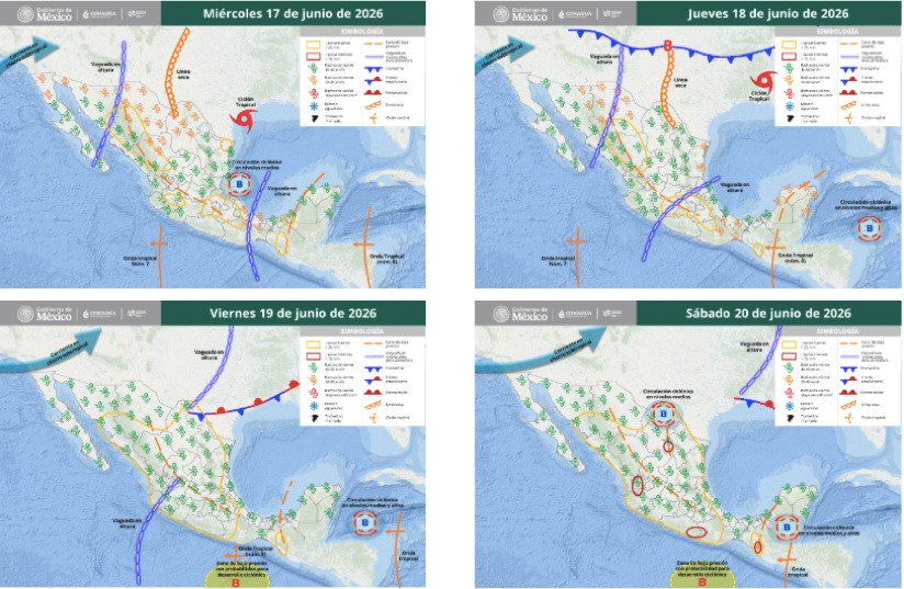 Mapas de México con flechas, líneas e íconos de viento indicando la probabilidad de tormentas en el país
