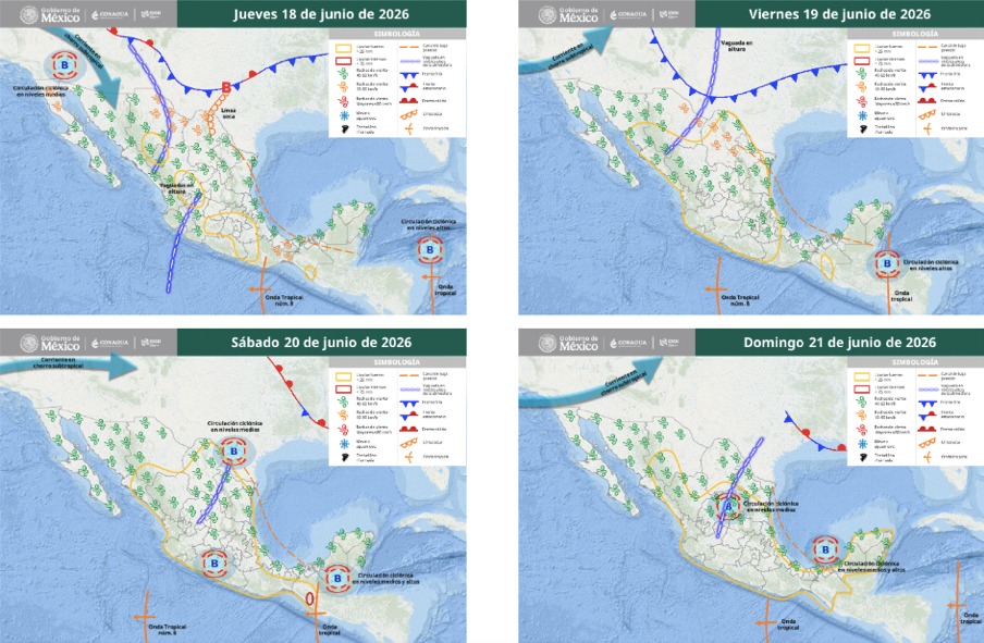 Mapas de México con flechas, líneas e íconos de viento indicando la probabilidad de tormentas en el país