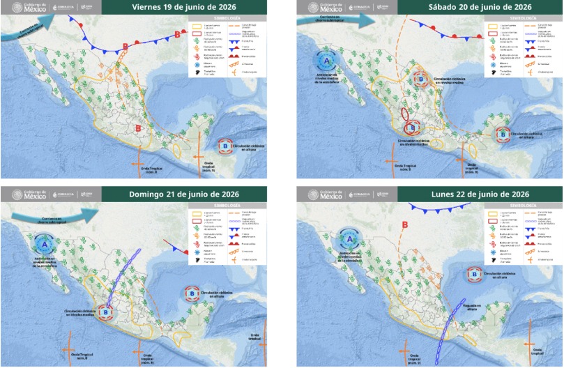 Mapas de México con flechas, líneas e íconos de viento indicando la probabilidad de tormentas en el país