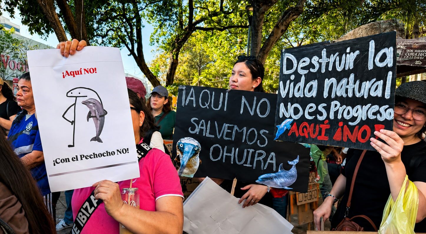 Personas con pancartas con un delfín