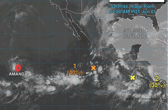 Mapa del Pacífico con zonas de baja presión o depresión tropical