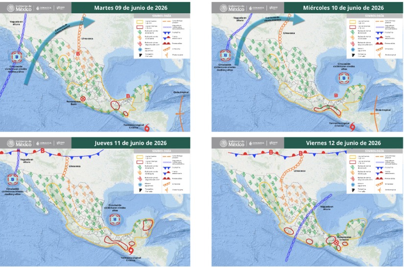 Mapas de México con flechas, líneas e íconos de viento indicando la probabilidad de tormentas en el país