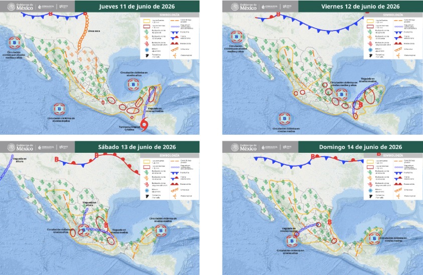 Mapas de México con flechas, líneas e íconos de viento indicando la probabilidad de tormentas en el país