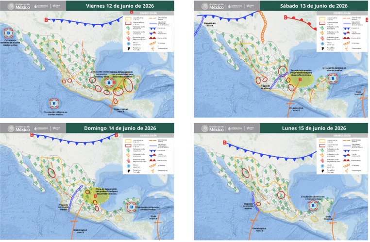 Imagen satelital de México que representa la probabilidad de tormentas con flechas y líneas