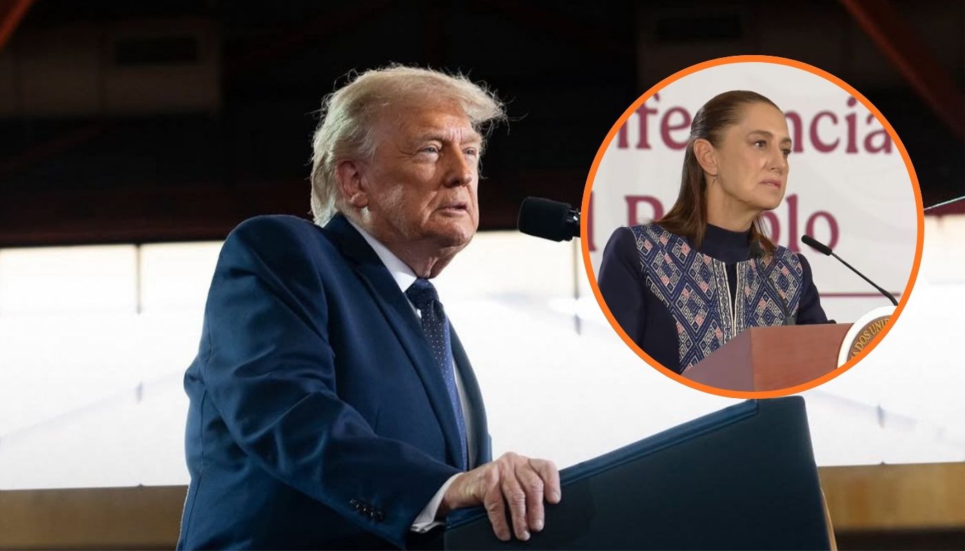 La presidenta de México, Claudia Sheinbaum en un círculo y de fondo el presidente de Estados Unidos, Donald Trump