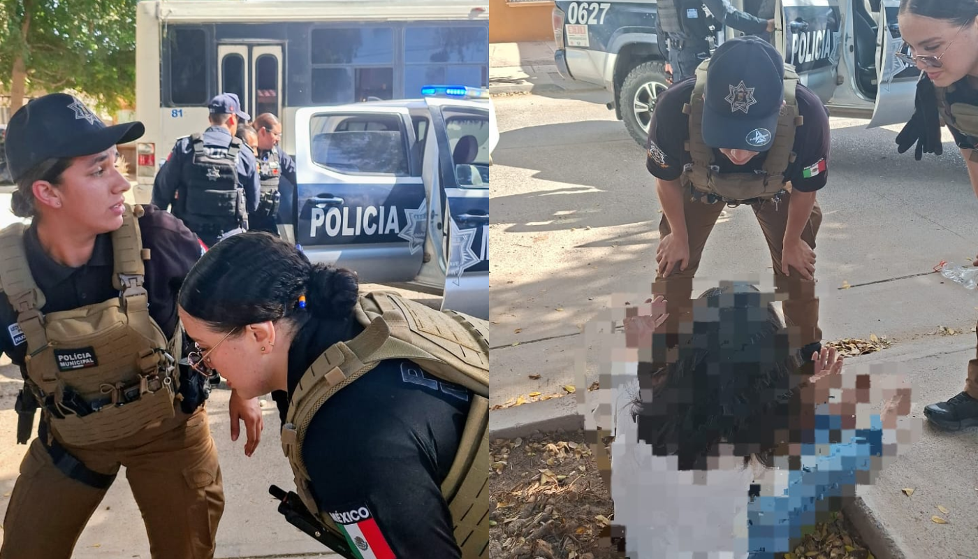 Elementos de la Unidad de Género de Guasave auxiliando a una mujer.