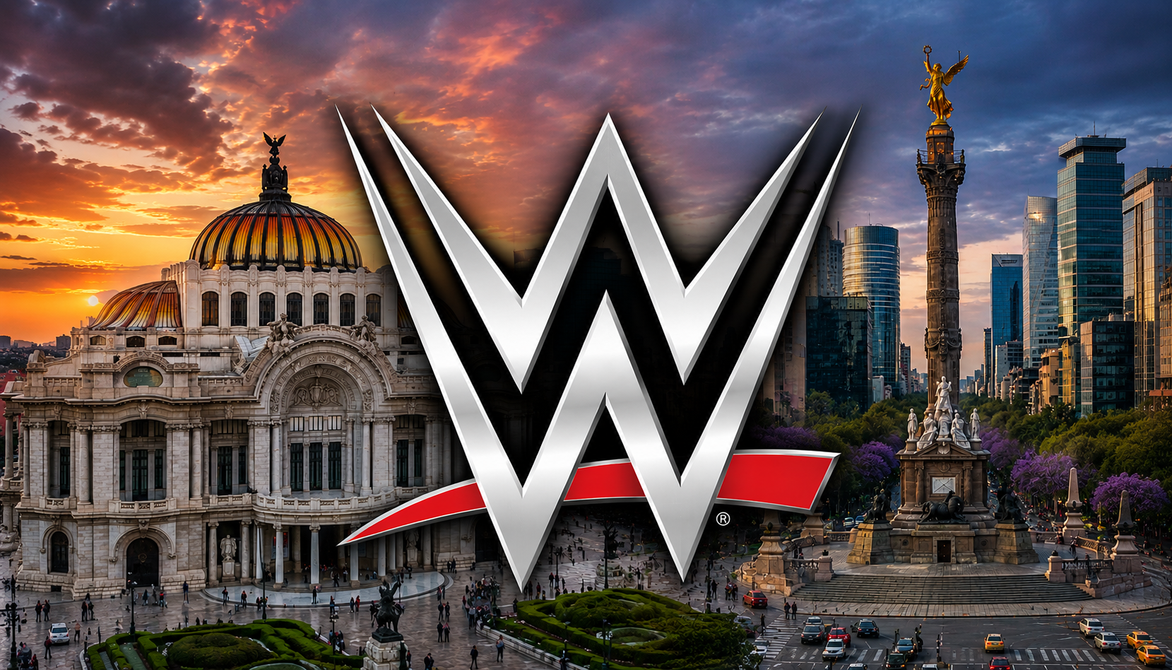Ángel de la Independencia de fondo y en primer plano el logo de l aWWE