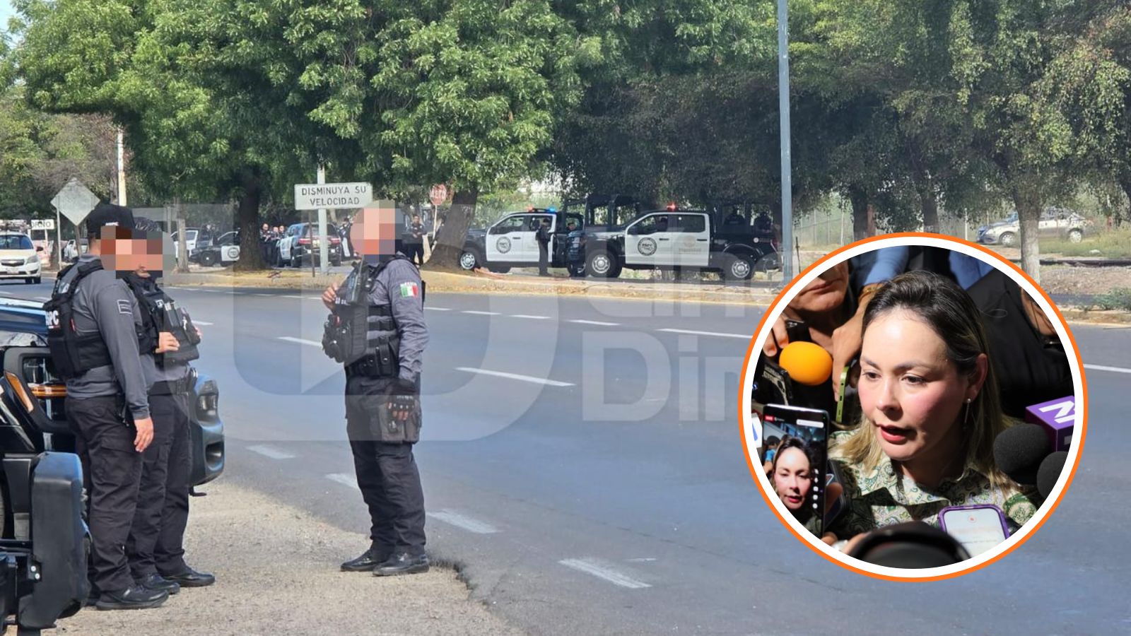 Agentes policiacos en una calle y en un círculo, la gobernadora interina, Yeraldine Bonilla