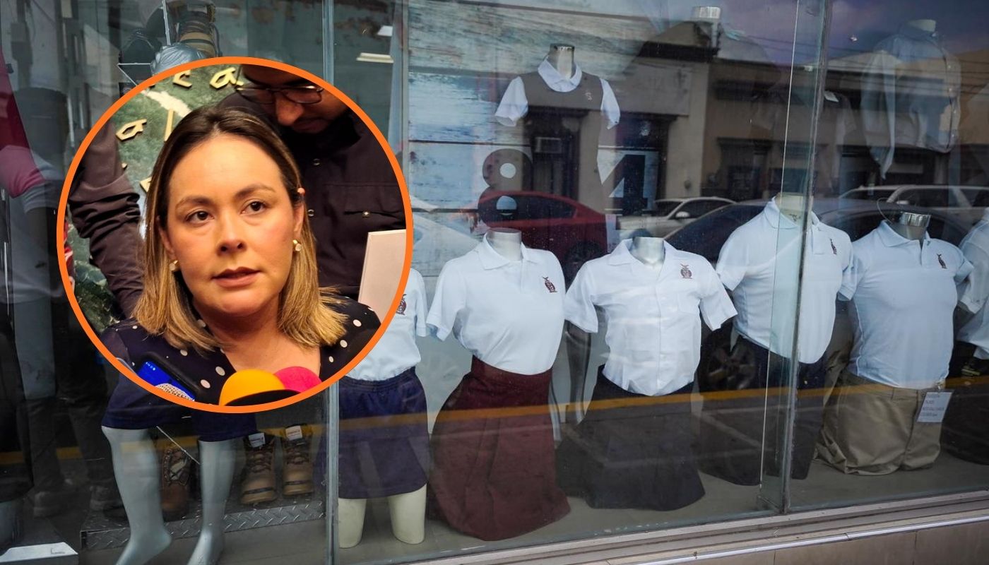 La gobernadora Yeraldine Bonilla Valverde y de fondo la fachada de un establecimiento de uniformes escolares