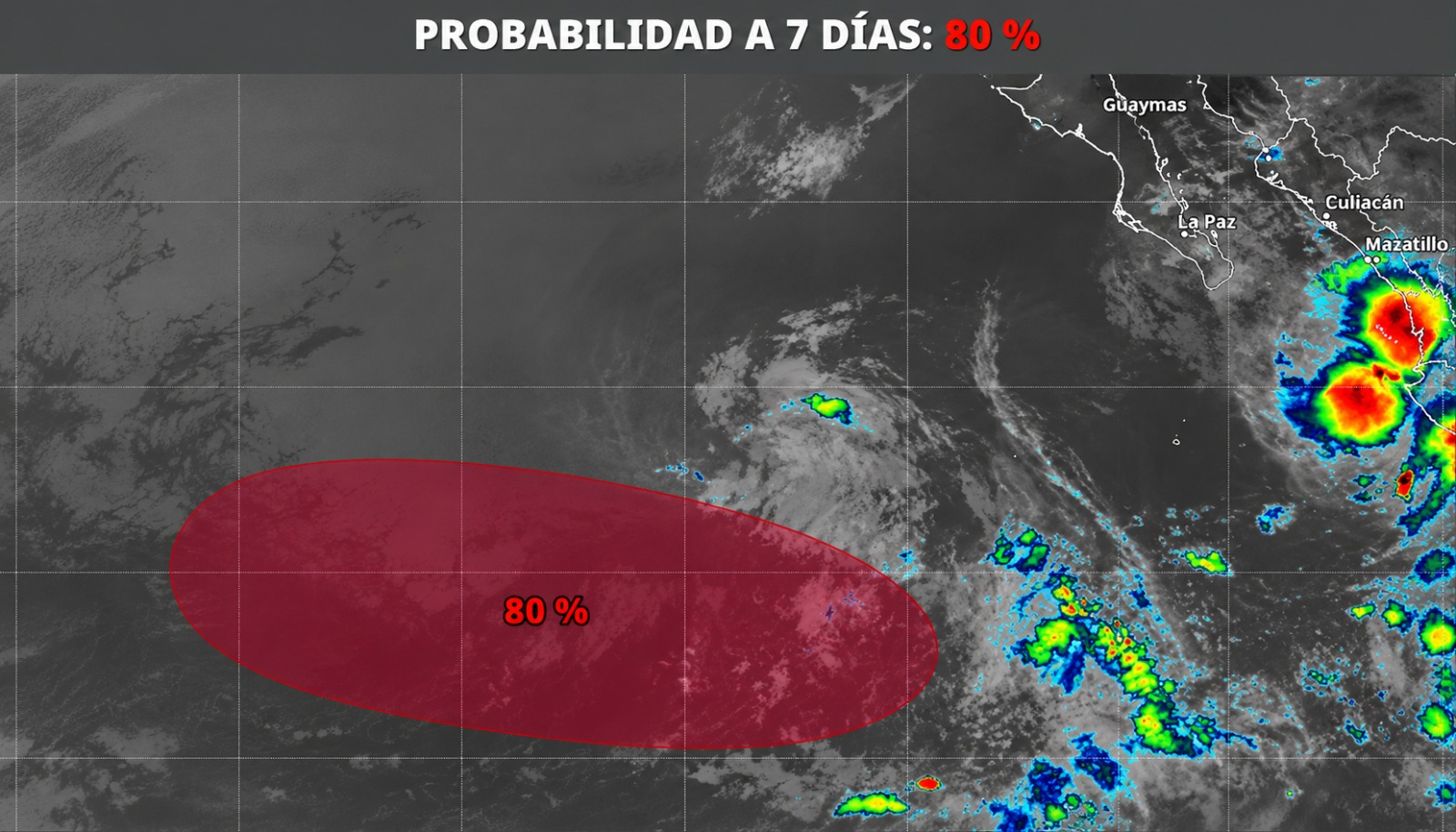 Mapa satelital del Pacífico con un sombreado en rojo indicando una zona de baja presión