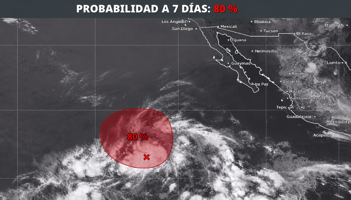 Mapa del Pacífico con una indicación sombreada en color rojo, mostrando una zona de baja presión