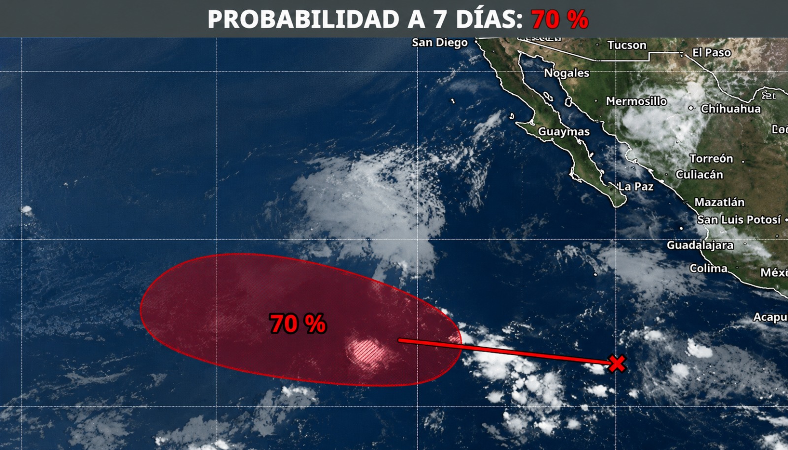 Mapa satelital del Pacífico con un sombreado en rojo indicando una zona de baja presión