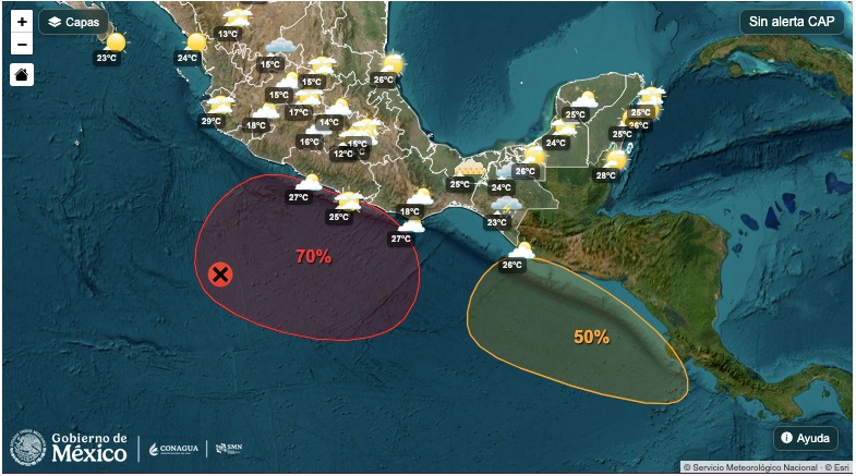 mapa satelital con dos zonas del Pacífico en rojo por ser zonas con desarrollo ciclónicco