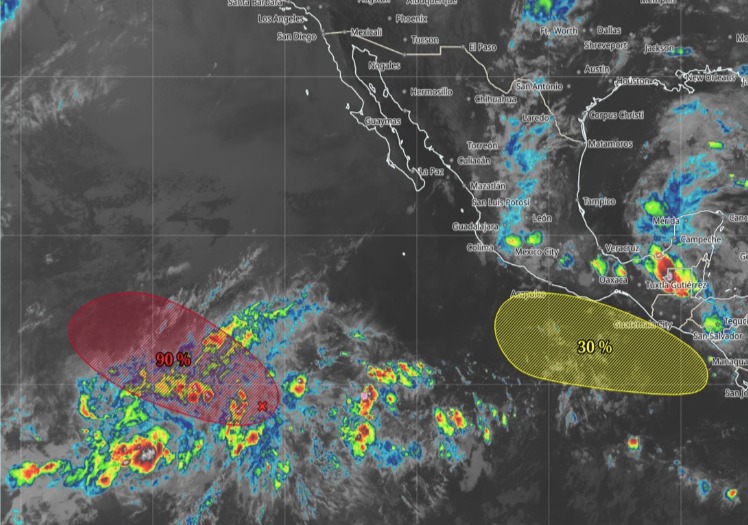 Mapa satelital de México con dos zonas en el Pacífico indicadas en colores rojo y amarillo, donde se registran zonas de baja presión que podrían convertise en ciclones