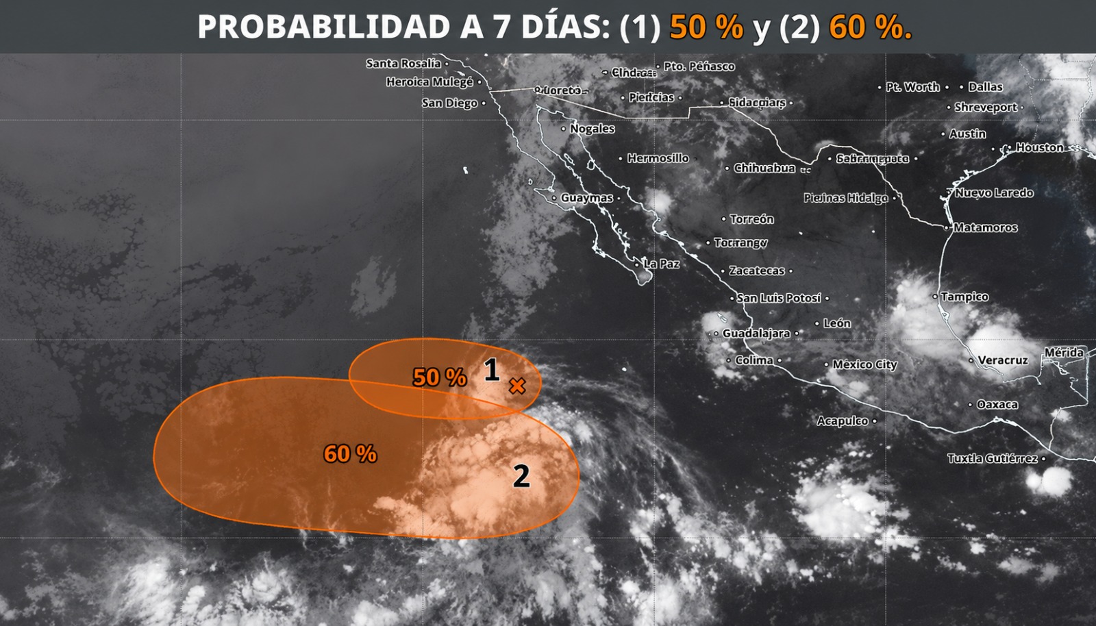Mapa del oceano Pacífico con dos áreas sombreadas con color naranja, indicando dos Zonas de baja presión con potencial para desarrollo ciclónico