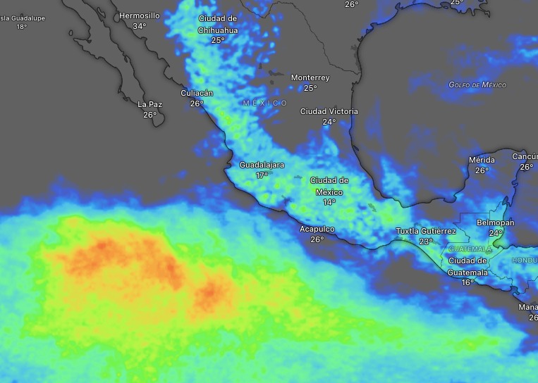 Mapa del Pacífico con colores indicando los acumulados de agua y viento