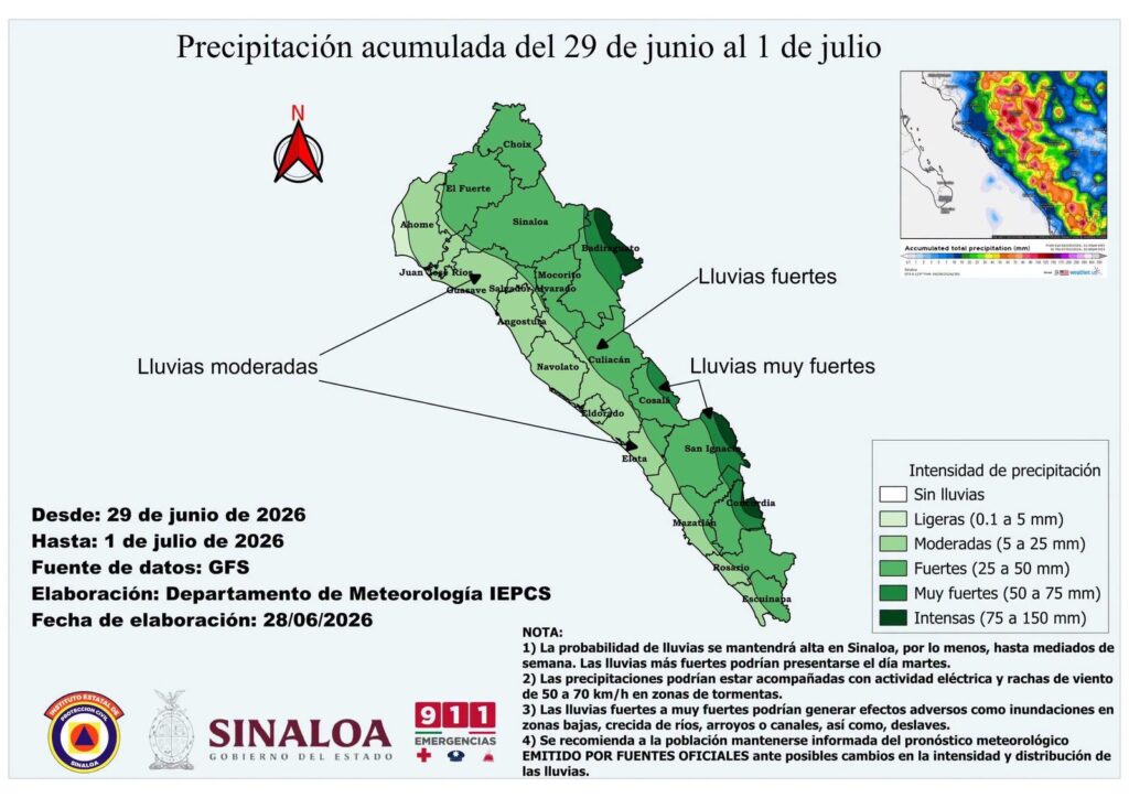 infografía con el mapa de Sinaloa en distintos tonos de color verde, indicando las precipitaciones acumuladas del 29 de junio al 1 de julio de 2026