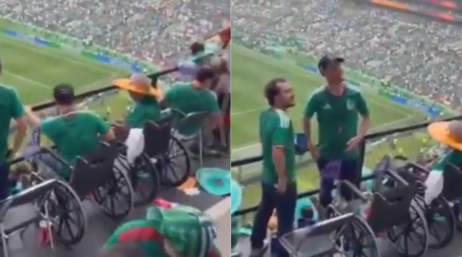 Asistente en silla de ruedas se pone de pie durante partido entre México y Sudáfrica.