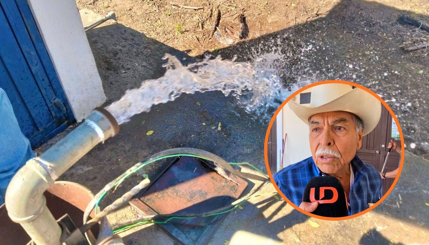 Manguera de pipa con agua y en un círculo una persona con sombrero