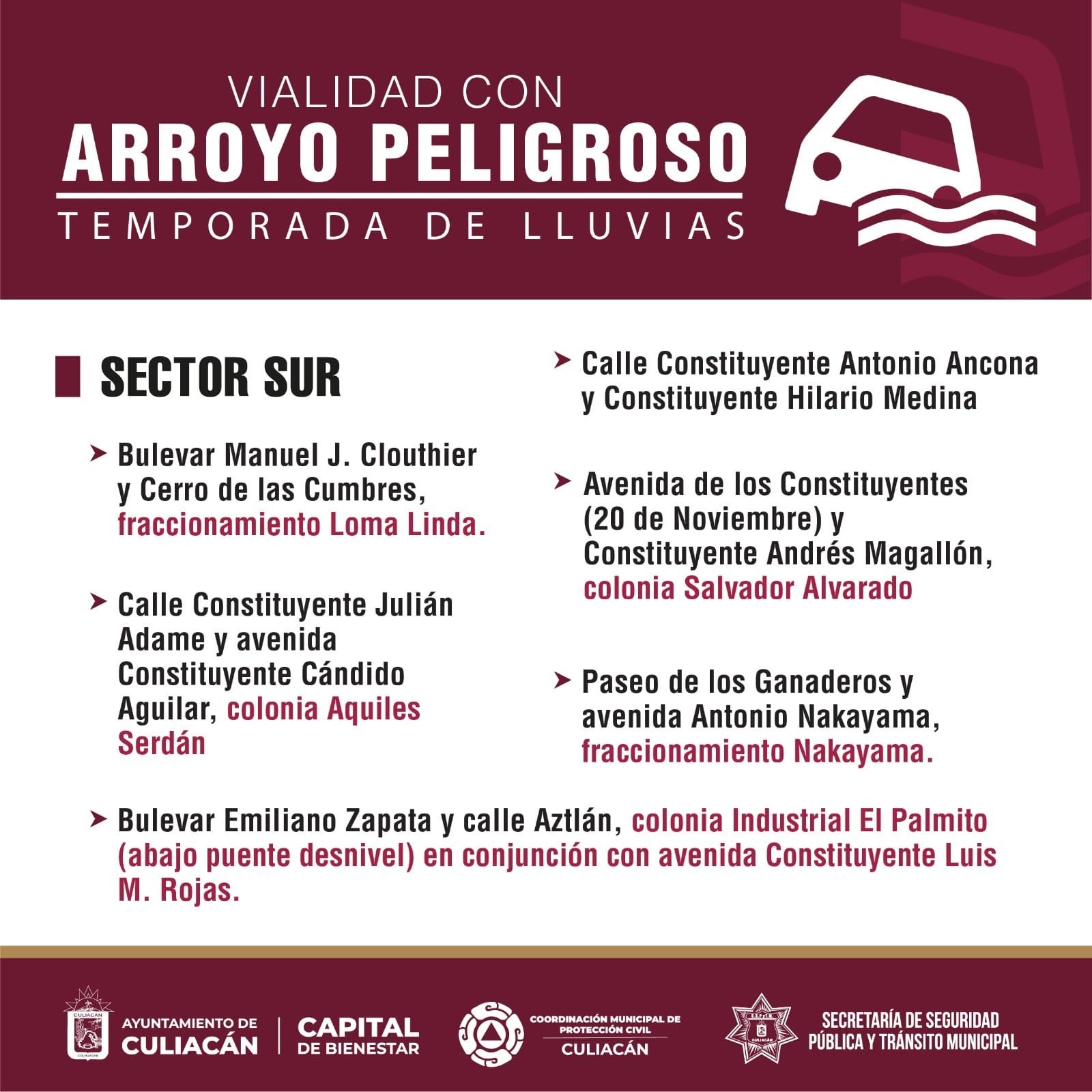 Flyer con información de calles o vialidades en riesgo por arroyos tras las lluvias en Culiacán