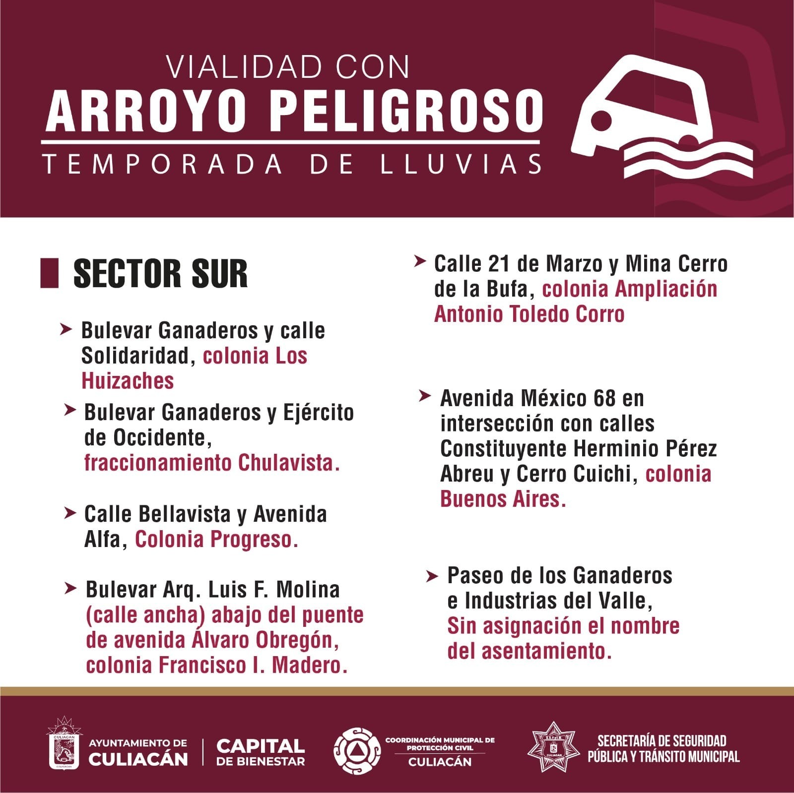 Flyer con información de calles o vialidades en riesgo por arroyos tras las lluvias en Culiacán