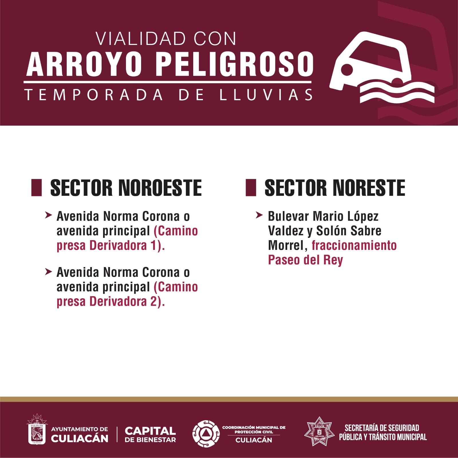 Flyer con información de calles o vialidades en riesgo por arroyos tras las lluvias en Culiacán