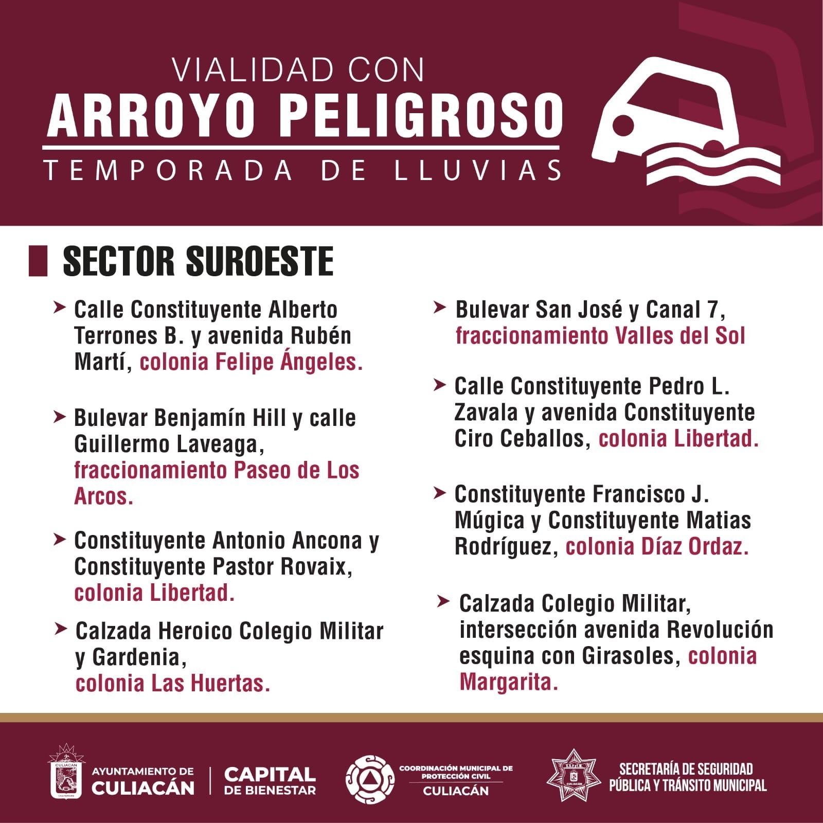 Flyer con información de calles o vialidades en riesgo por arroyos tras las lluvias en Culiacán