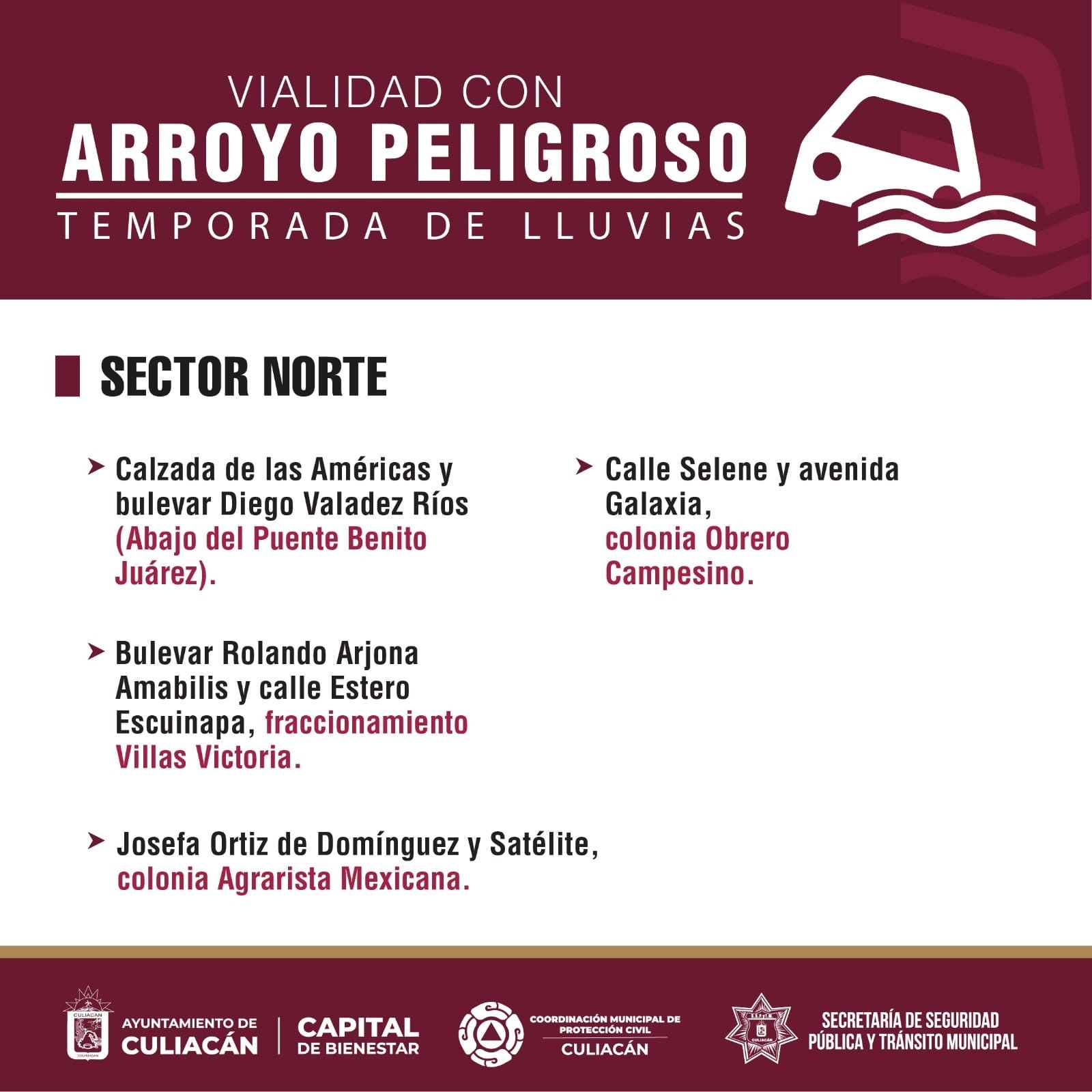 Flyer con información de calles o vialidades en riesgo por arroyos tras las lluvias en Culiacán