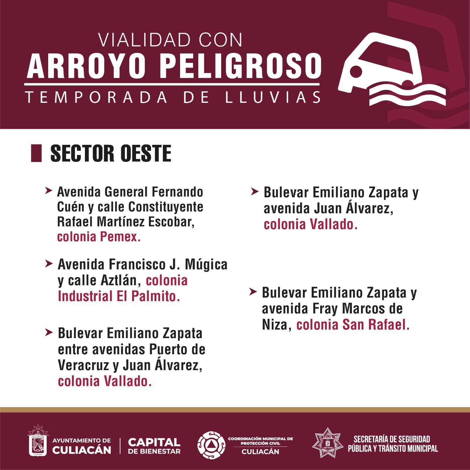 Flyer con información de calles o vialidades en riesgo por arroyos tras las lluvias en Culiacán