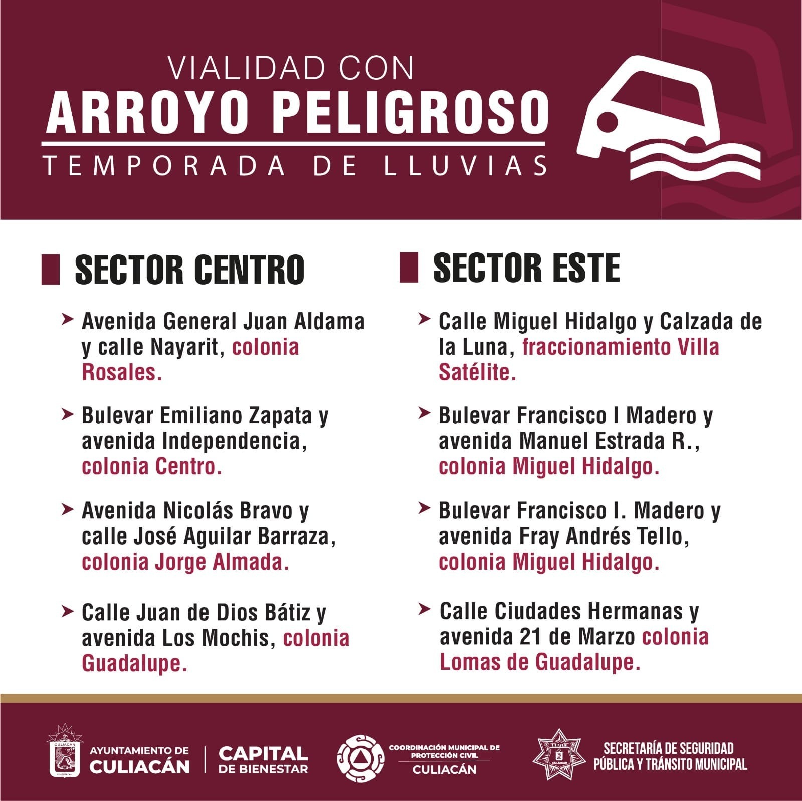 Flyer con información de calles o vialidades en riesgo por arroyos tras las lluvias en Culiacán